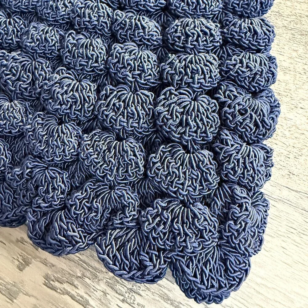 VINTAGE 30s Popcorn Crochet Navy Blue Peacock Handle Evening Bag